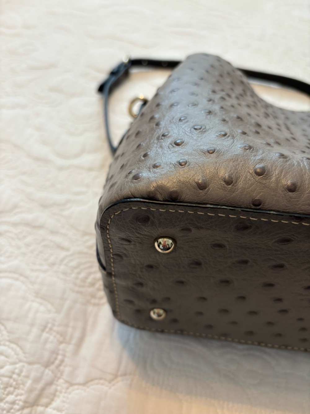 Dooney & Bourke Mini Barlow Gray Ostrich-Embossed Satchel with Black Handles - Picture 11 of 13